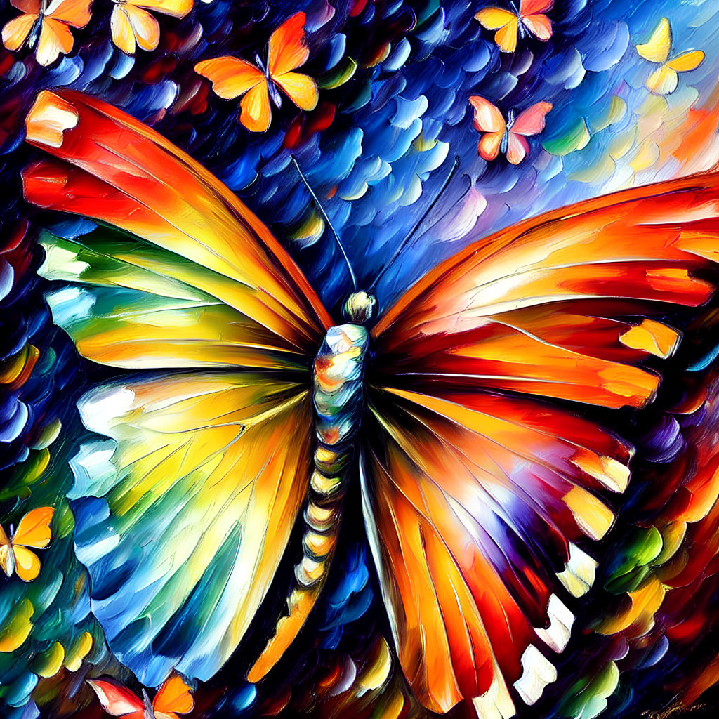 Colorful oil-painted butterfly surrounded by smaller butterflies and abstract florals