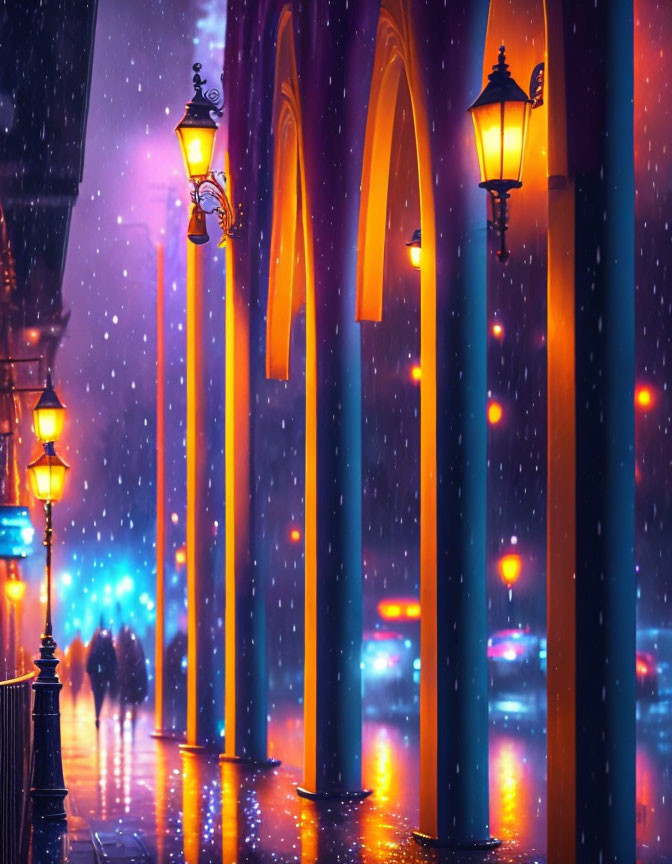 Rainy evening scene with illuminated street lamps and blurred passersby under arcade.