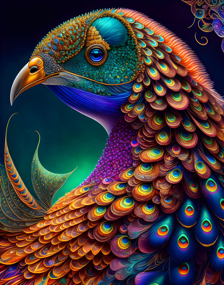 Detailed digital artwork: Vibrant peacock with iridescent feathers