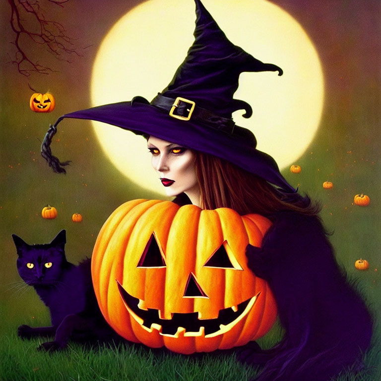 Stylized witch with purple hat, pumpkin, full moon, black cat, and pumpkins.