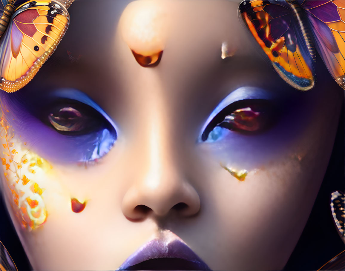 Close-Up Portrait of Person with Butterfly Artistic Makeup & Striking Eyes