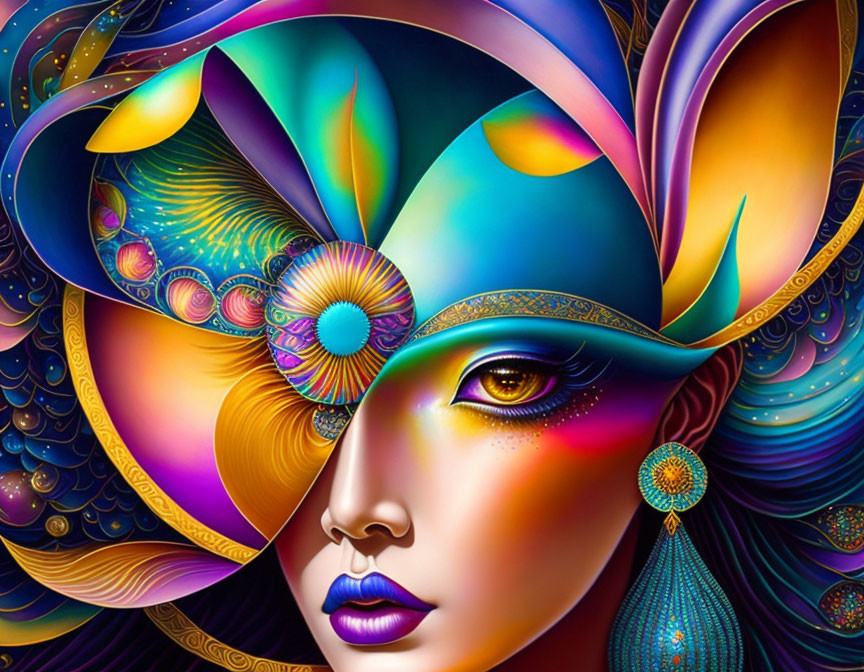 Colorful digital artwork of a stylized female face with peacock feather motifs