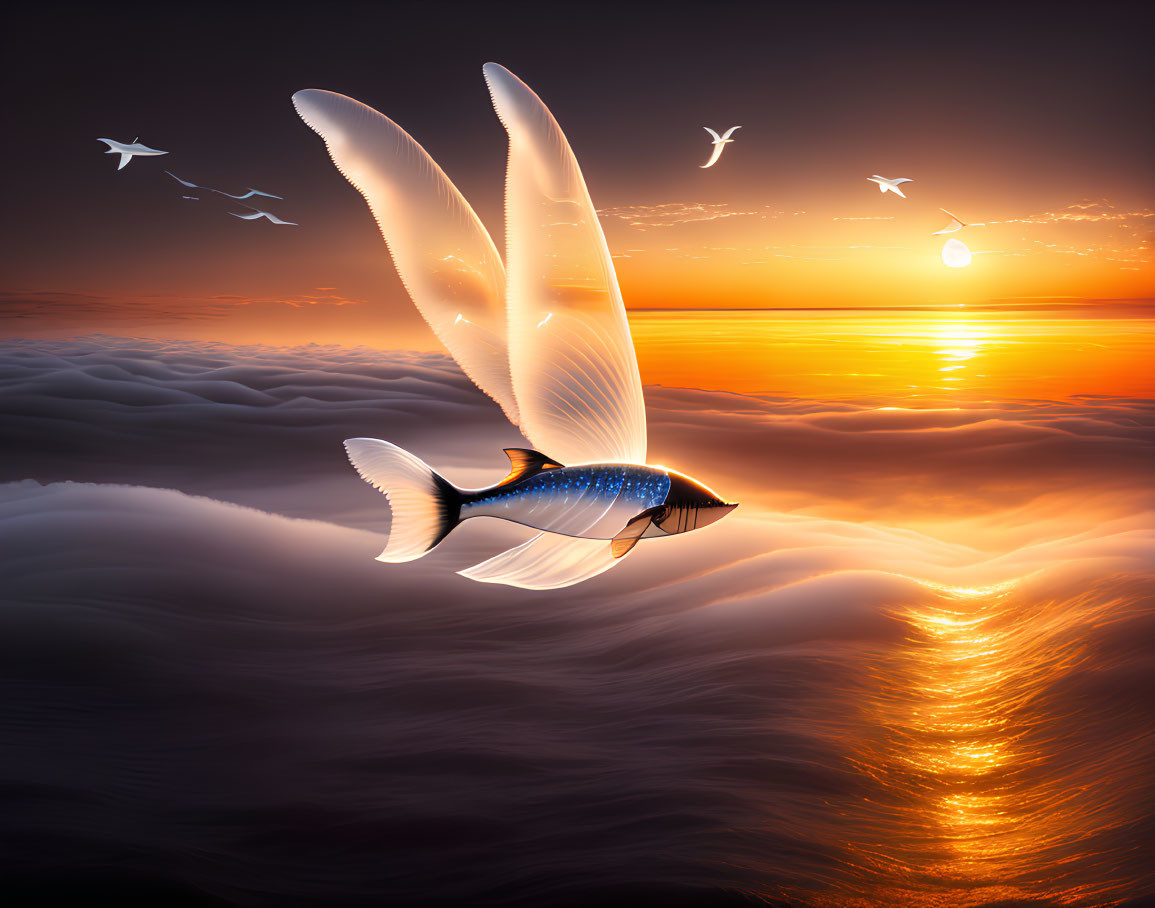 Luminous bird-like fish with glowing wings over sunset ocean landscape