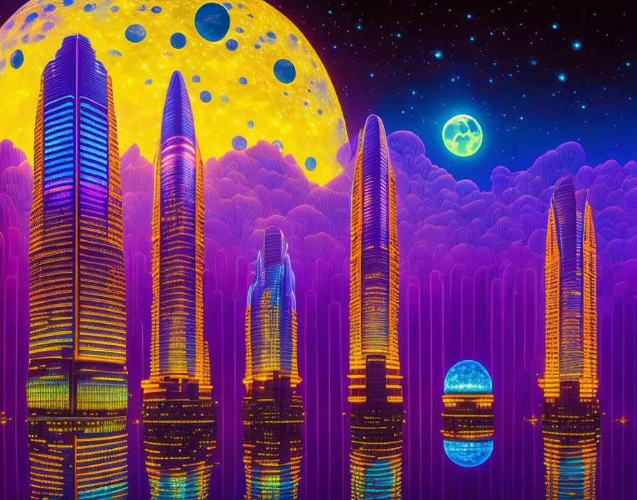 Colorful Psychedelic Cityscape with Glowing Skyscrapers and Celestial Bodies