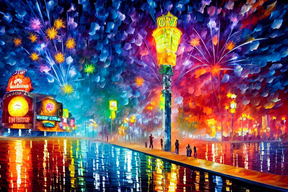 Colorful Night Street Scene with Fireworks and Illuminated Signs