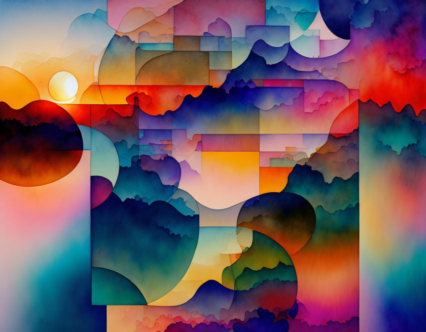 Colorful Watercolor Landscape with Geometric Shapes and Sun