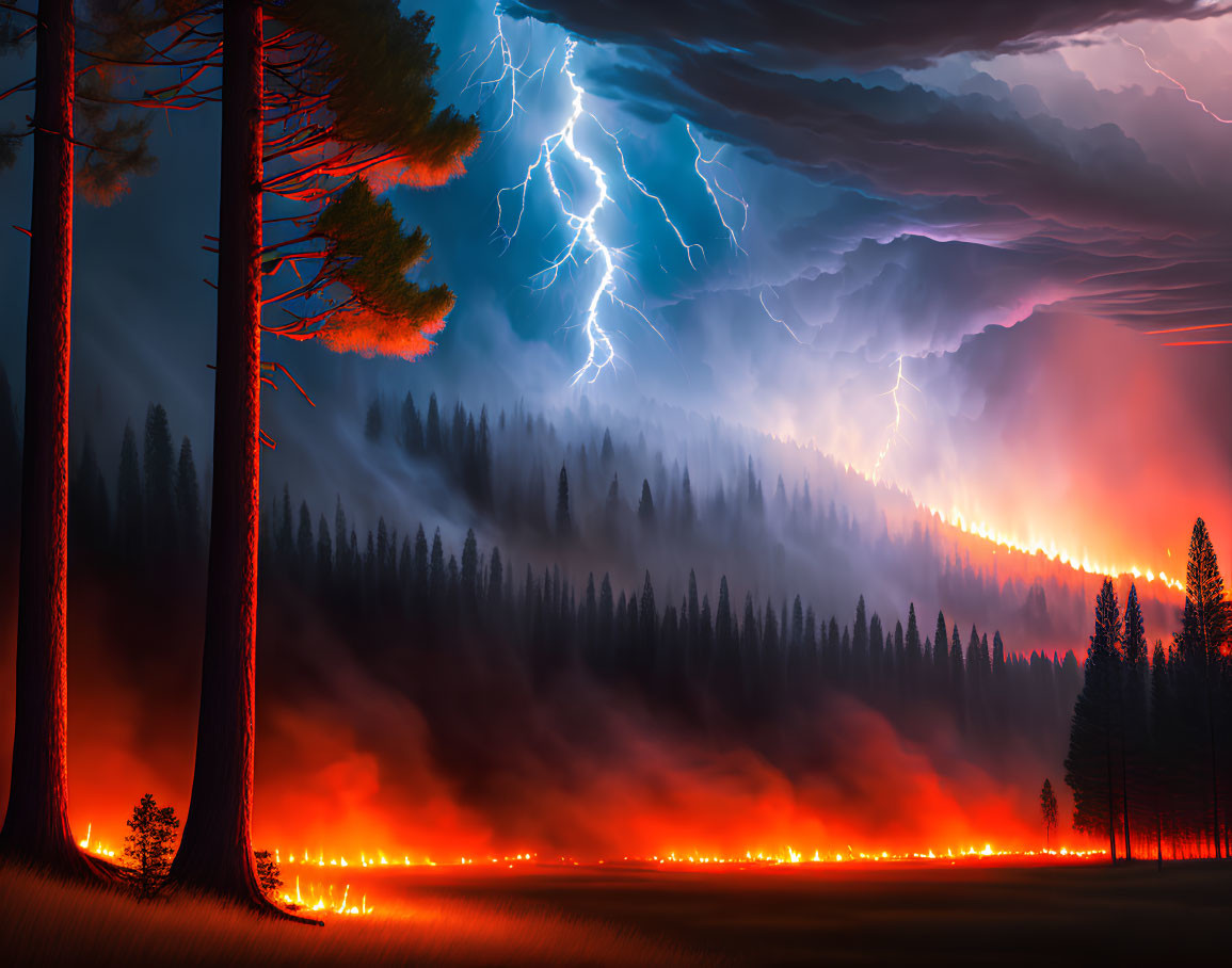 Wildfire near forest edge under stormy sky with lightning strikes.