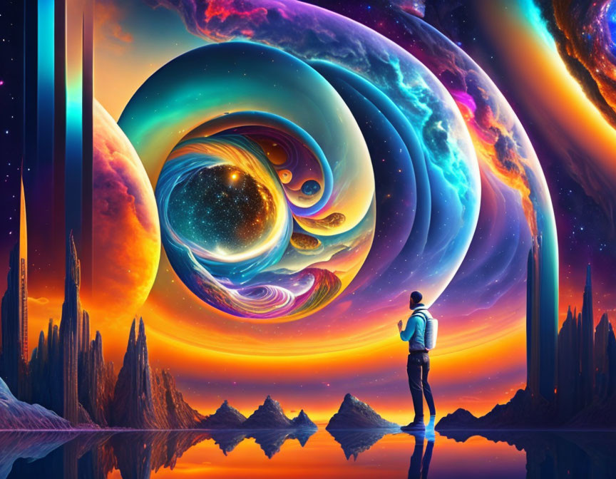 Person standing before vibrant cosmic vista with swirling planets and neon-hued clouds