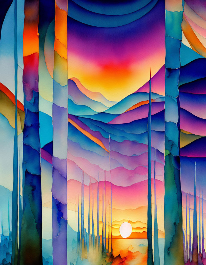 Vibrant watercolor landscape with purple, orange, and blue hills and setting sun