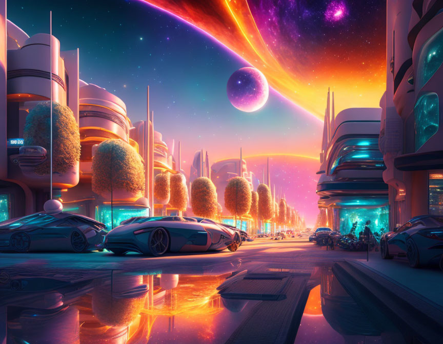 Futuristic cityscape with neon buildings, ringed planet, and comet