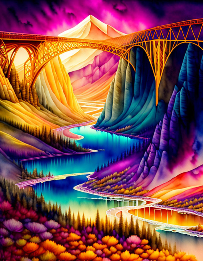 Colorful surreal landscape with golden bridge, rivers, trees, and mountains under purple sky