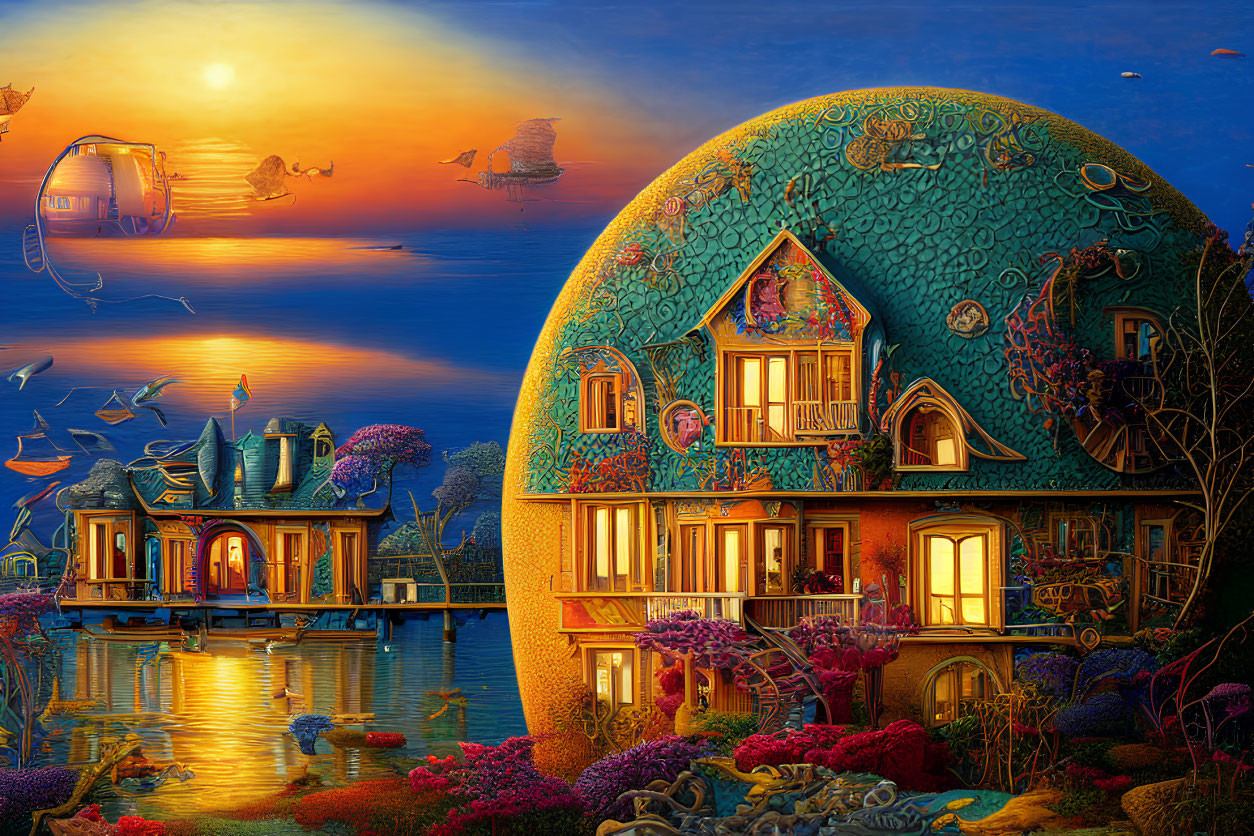 Fantastical underwater dome with intricate details and marine life at sunset