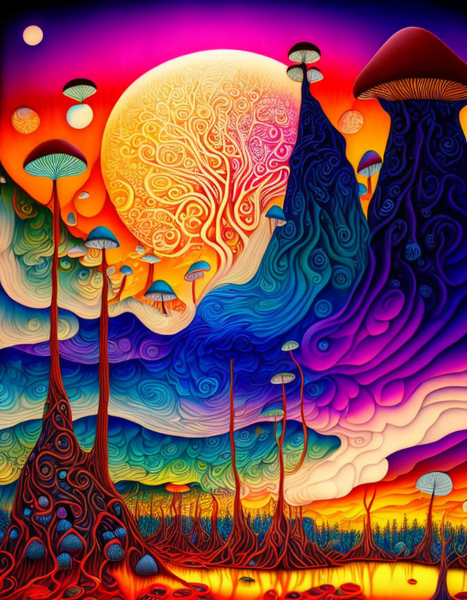 Colorful Psychedelic Landscape with Stylized Trees and Mushrooms