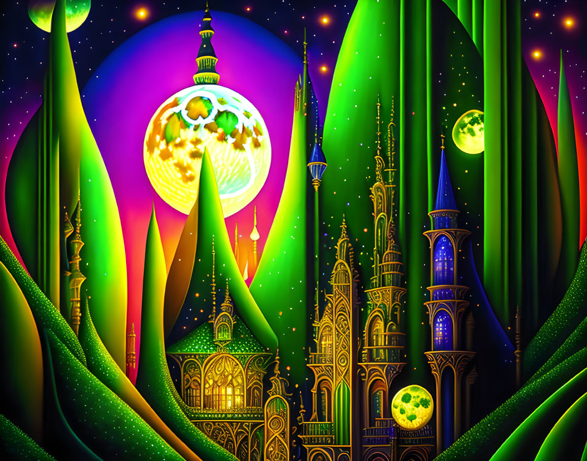 Luminous fantasy landscape with green hills and glowing castle