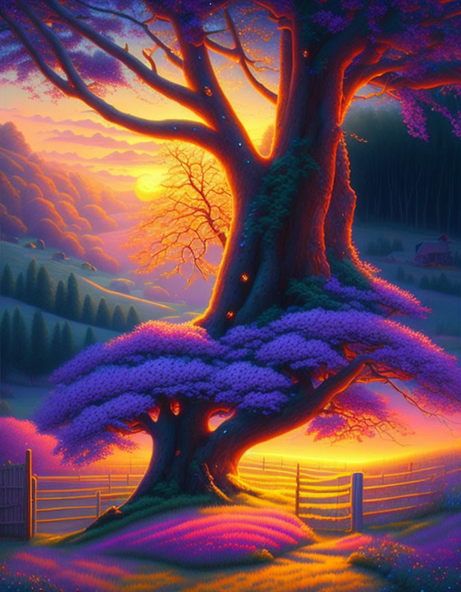 Majestic tree with purple flowers in fantastical sunset landscape