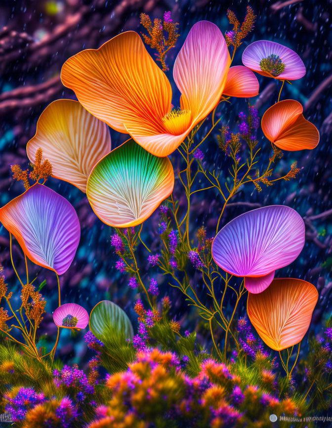 Colorful digital artwork featuring luminescent flowers on dark background