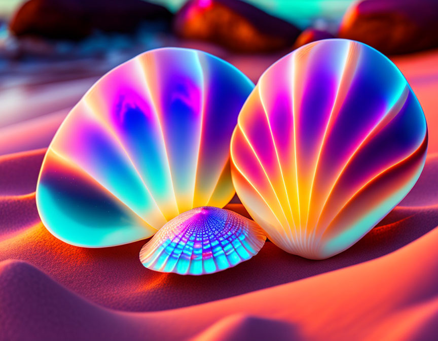 Iridescent Seashells on Sandy Terrain with Vibrant Neon Colors