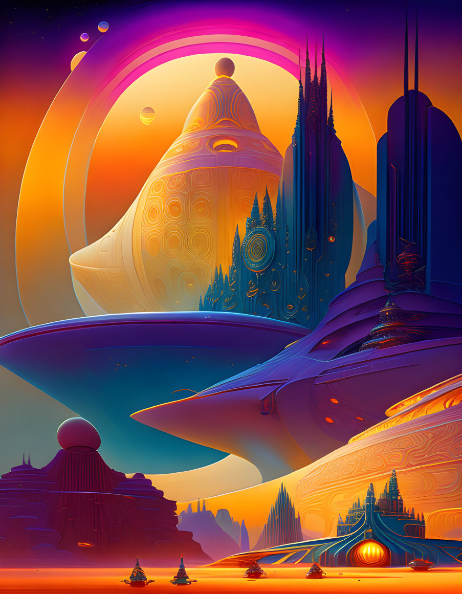 Futuristic sci-fi cityscape with towering spires and alien planets