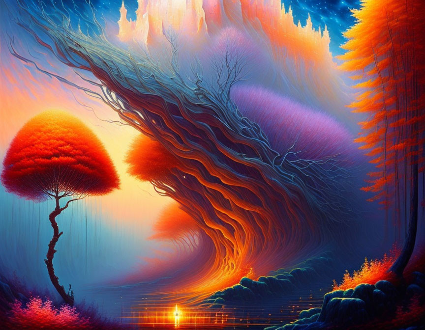 Fiery orange and red forest with glowing tree in ethereal setting