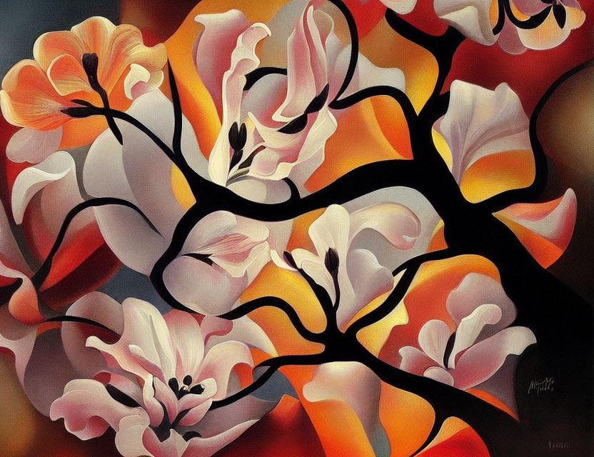 Vibrant orange and pink flowers with dark branches on multi-toned background