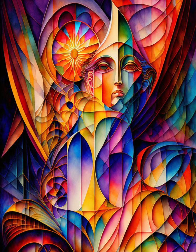 Colorful Abstract Art: Stylized Face with Geometric and Floral Patterns