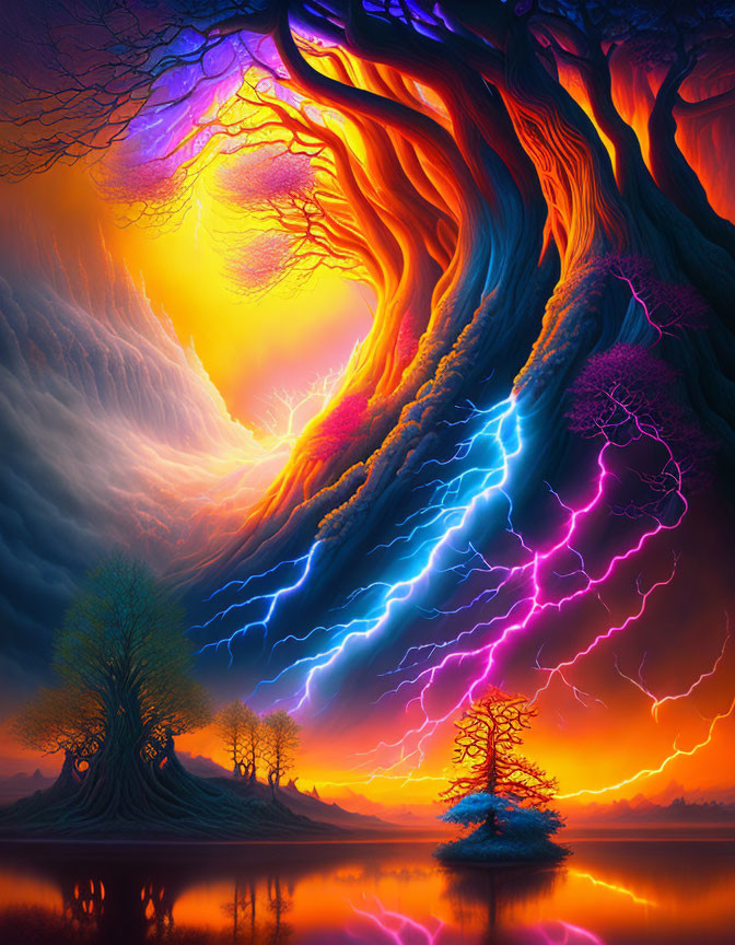 Colorful fantasy landscape with colossal tree and lightning in vibrant sky