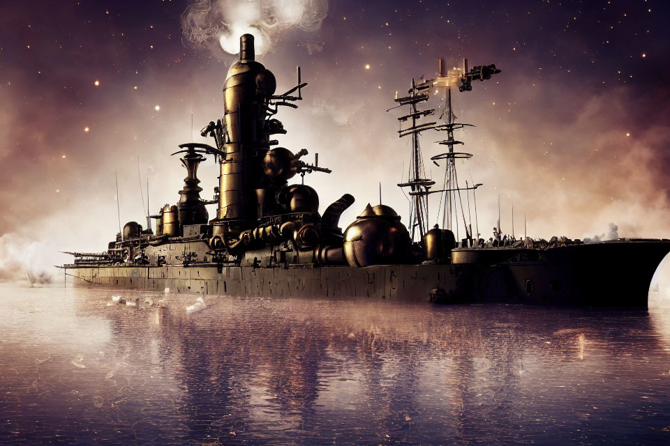 Vintage battleship sailing under starry sky with surreal warm glow