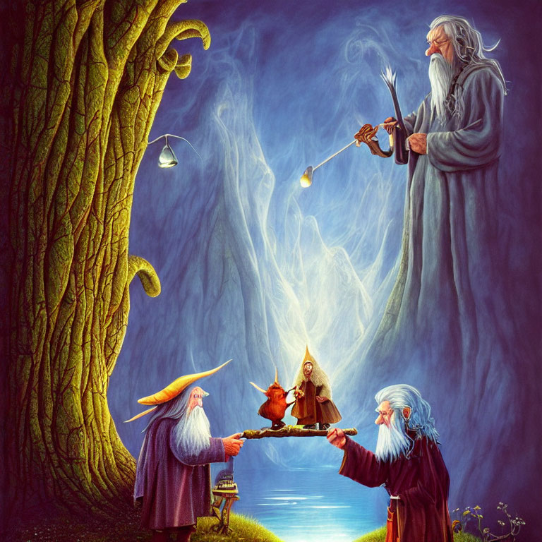 Three Wizards with Staffs in Mystical Forest Scene