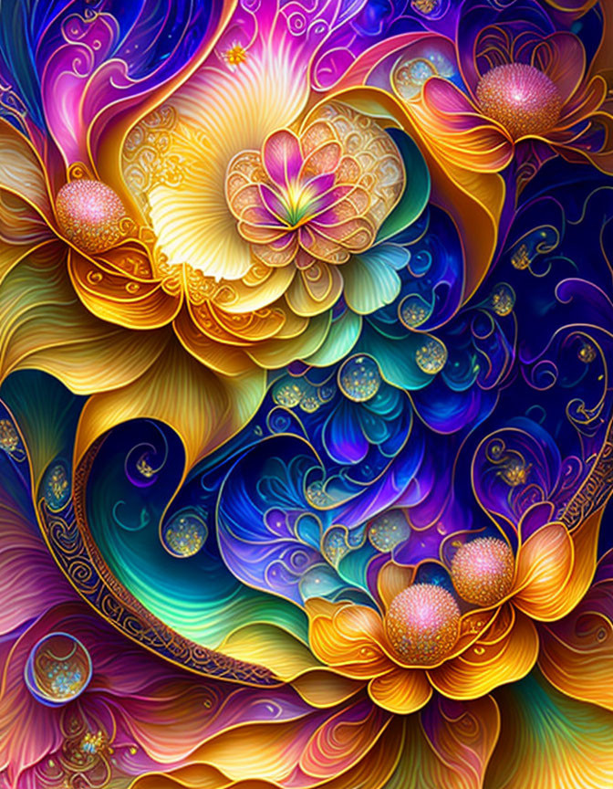 Colorful digital artwork with swirling blue, purple, and gold patterns and ornate floral designs.