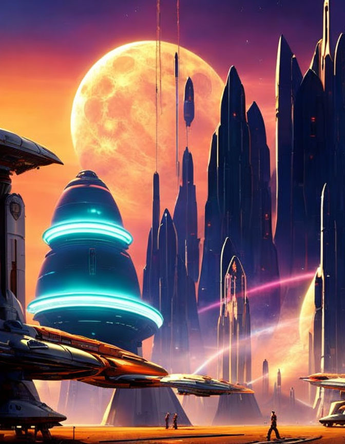 Futuristic cityscape with spacecraft and moon in orange sky