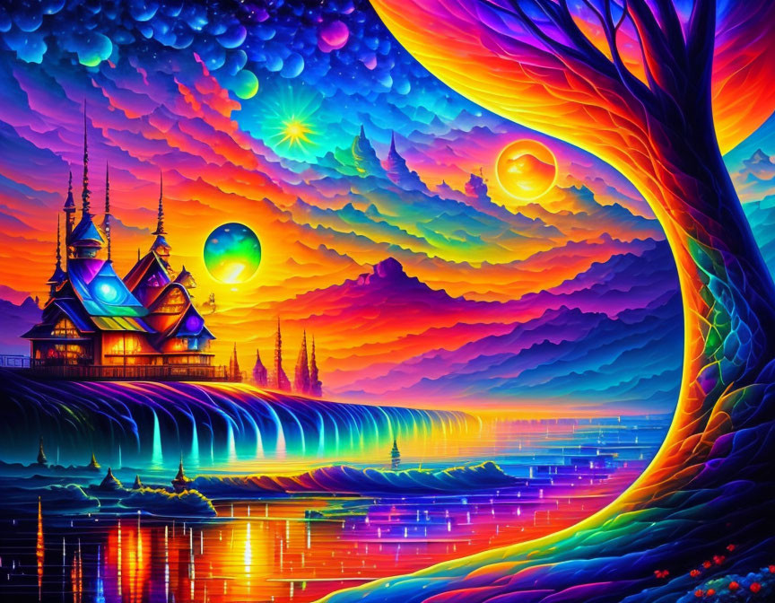 Colorful tree, glowing castle, rolling hills, and dual suns in cosmic landscape