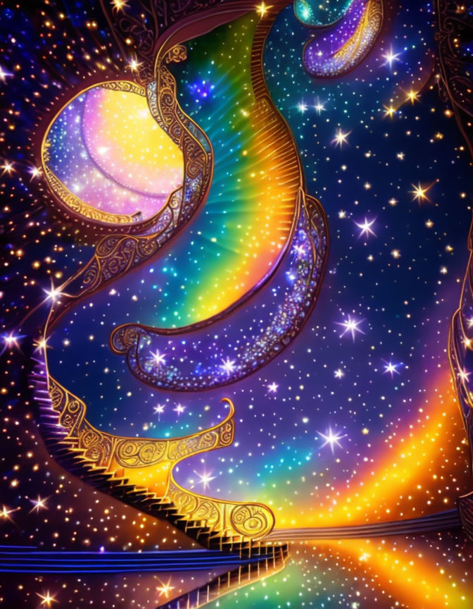 Cosmic illustration: Galaxy patterns, musical notes, starlit sky, luminous astral space