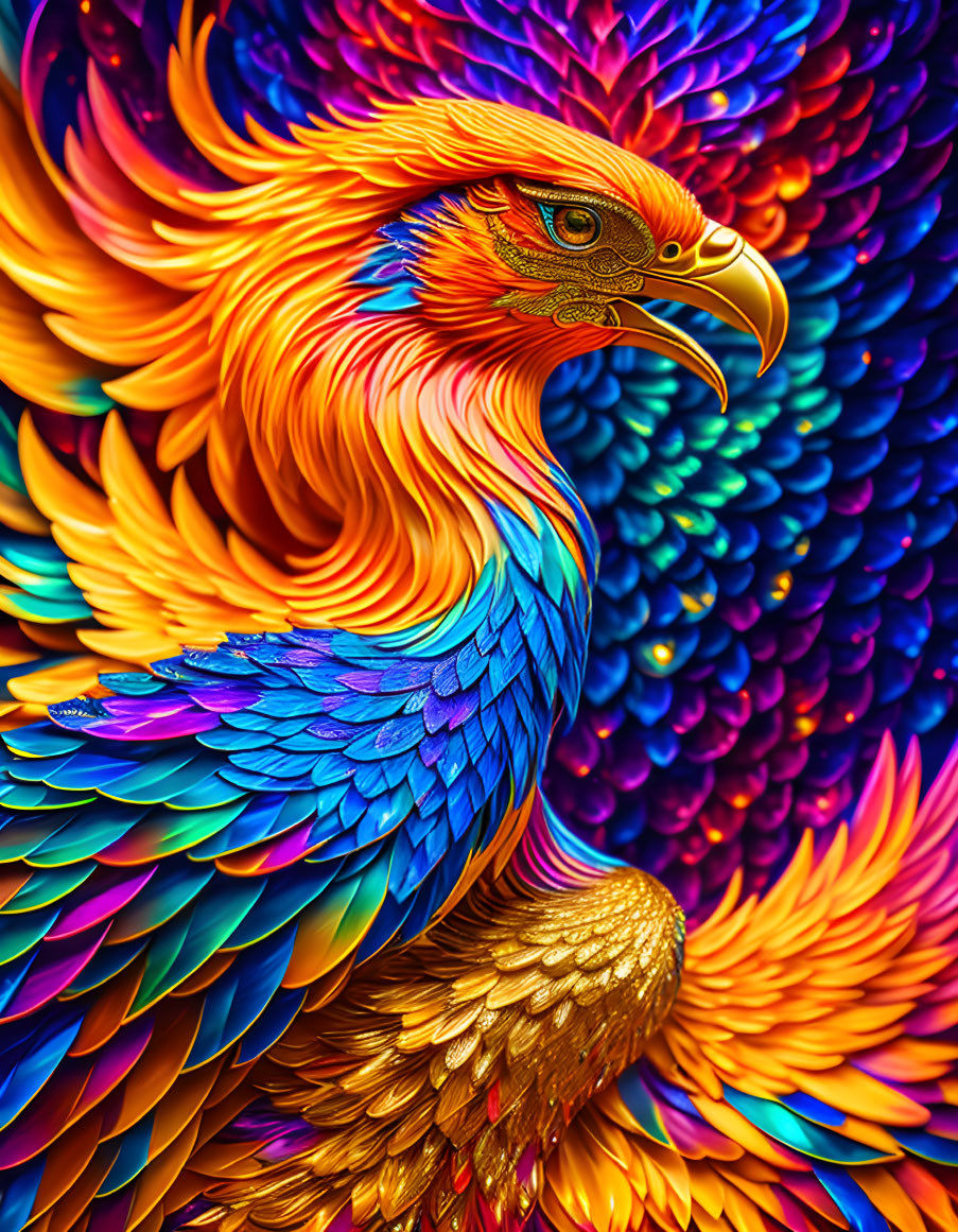 Colorful Phoenix Illustration with Orange Head and Intricate Feathers