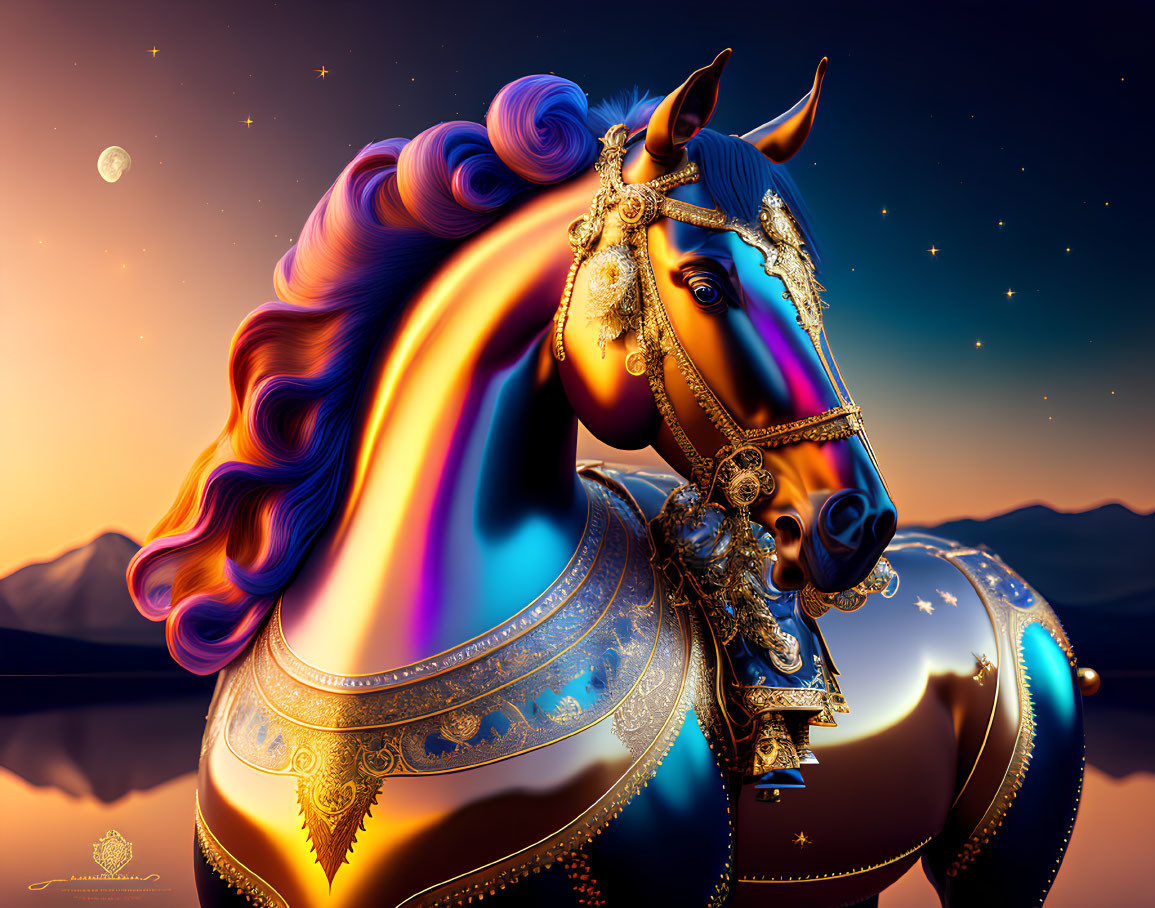 Colorful Stylized Horse Artwork in Twilight Landscape