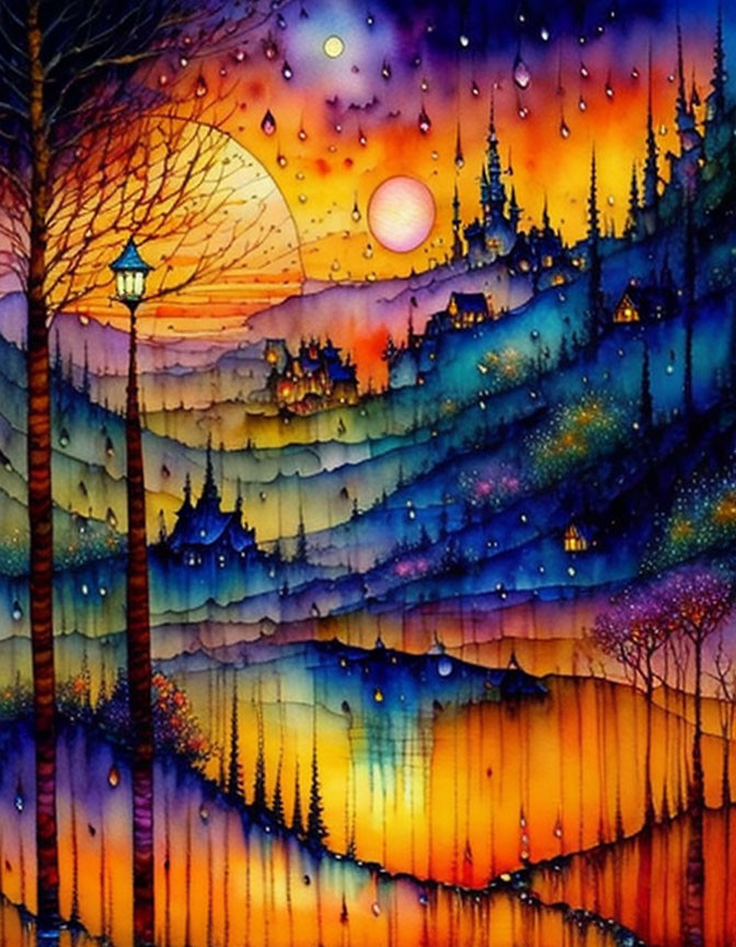 Colorful Watercolor Painting of Surreal Landscape with Hills, Trees, Lamppost, and Setting