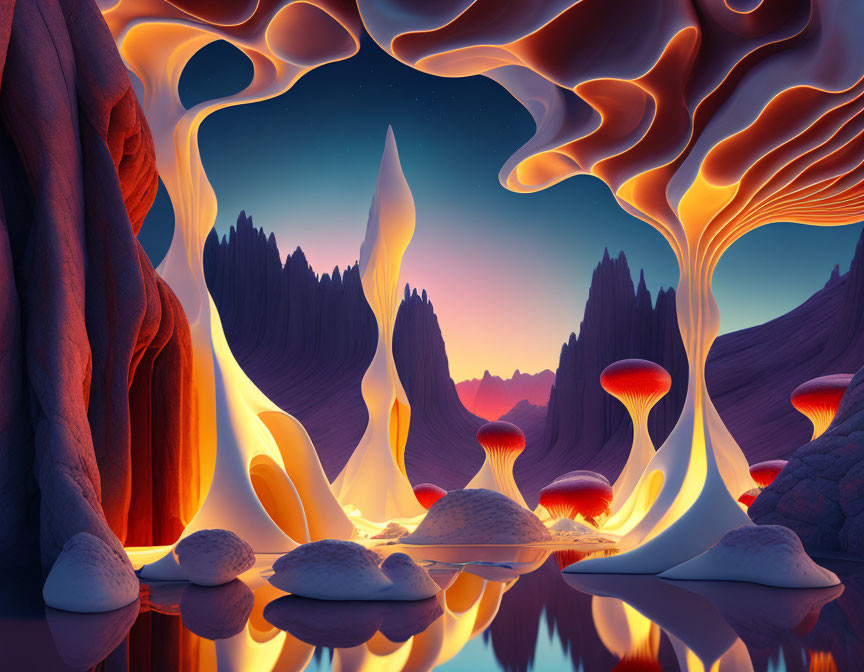 Vibrant mushroom formations in surreal alien landscape