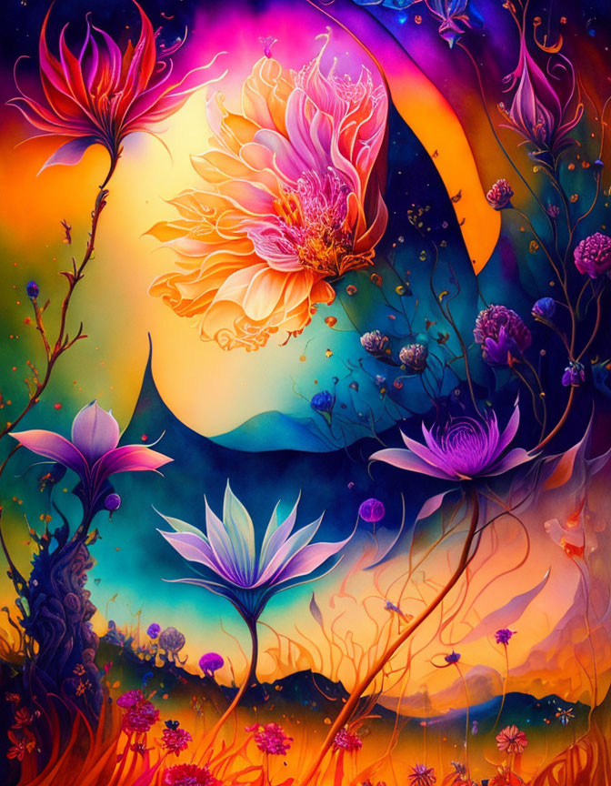 Colorful Fantasy Art: Luminous Flowers, Moon, Twilight Sky