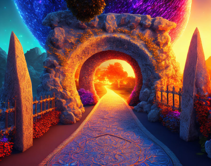 Fantasy archway at sunset with ornate fences and vibrant flowers