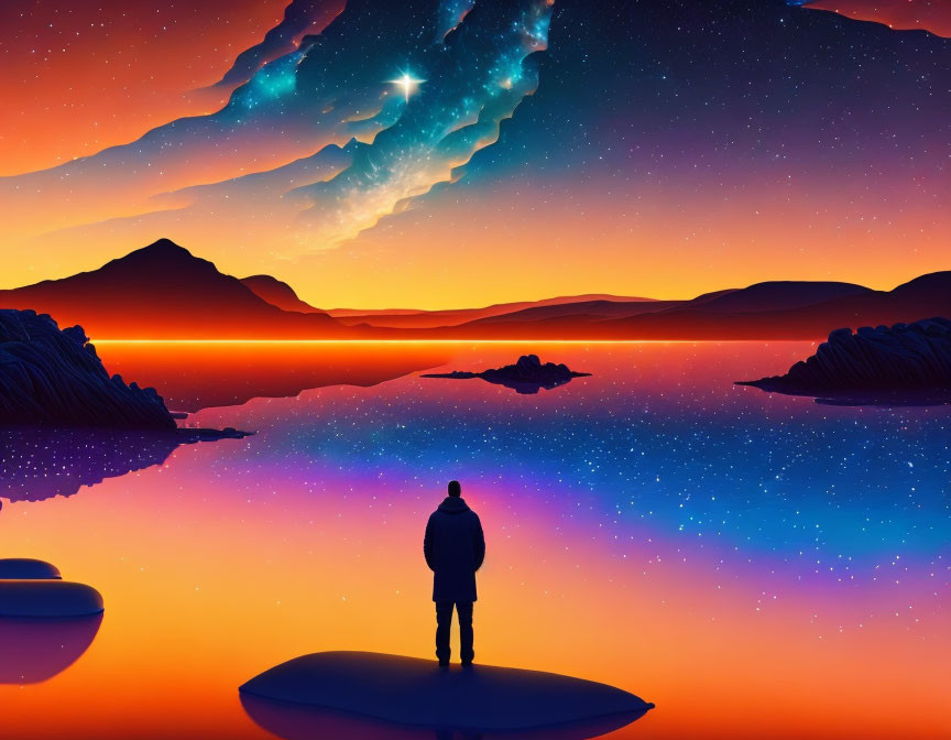 Person admires vibrant sunset over calm lake with silhouetted mountains under starry sky.