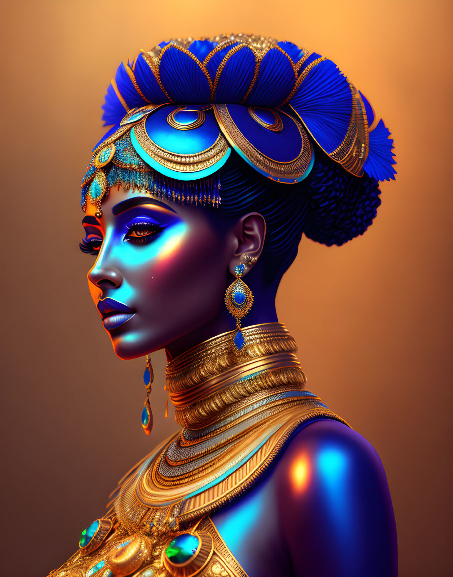 Digital artwork: Woman with metallic blue skin in Egyptian-style attire