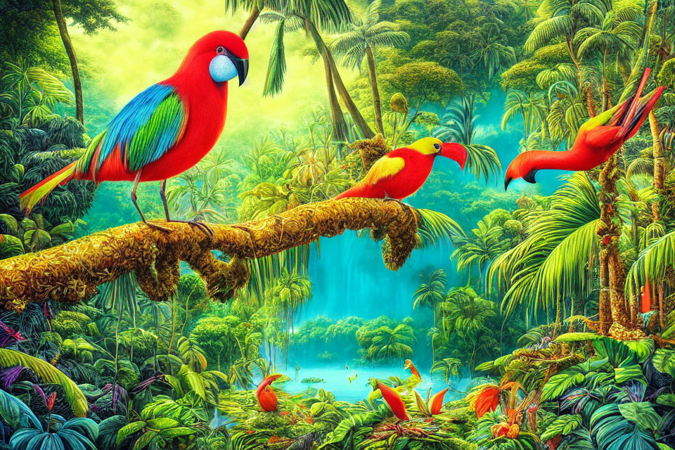 Colorful Parrots in Lush Jungle Scene with Waterfall