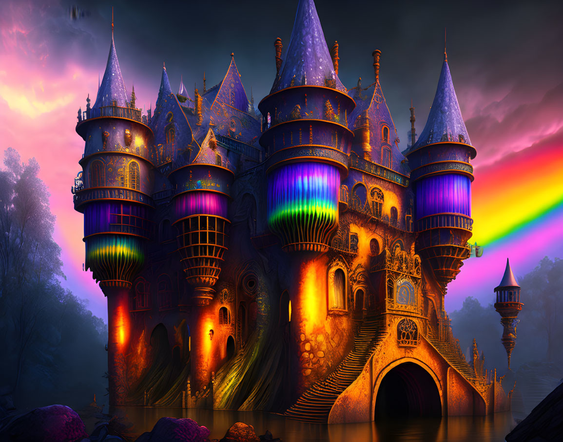 Colorful fantasy castle with illuminated towers and vibrant rainbow against twilight sky