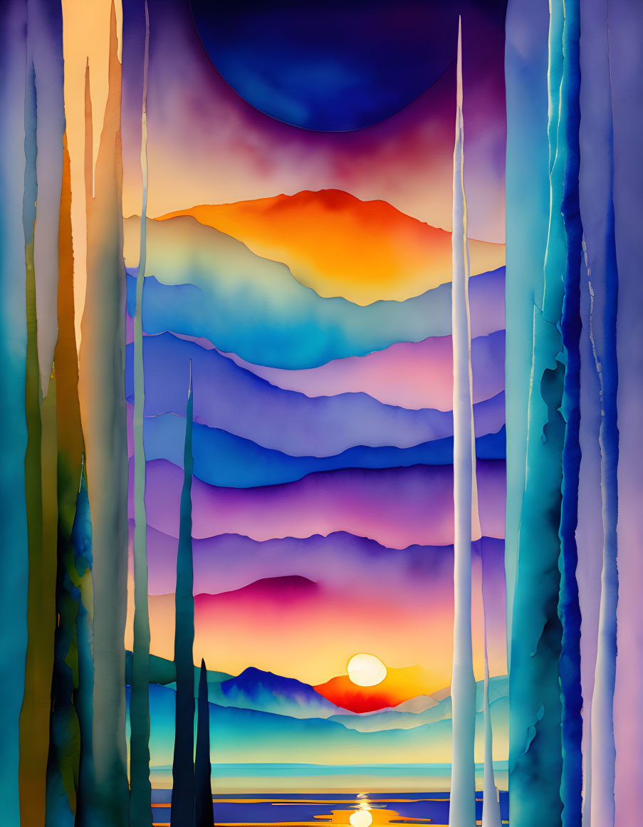 Colorful Sunset Painting with Mountain Layers and Water Reflections