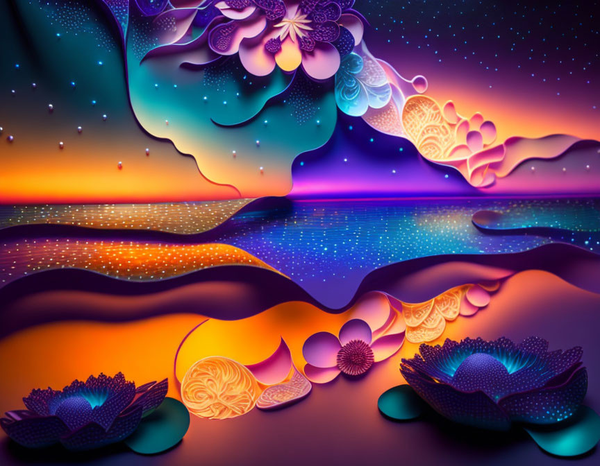 Colorful Surreal Landscape with Floral Motifs and Glowing Lotus Flowers