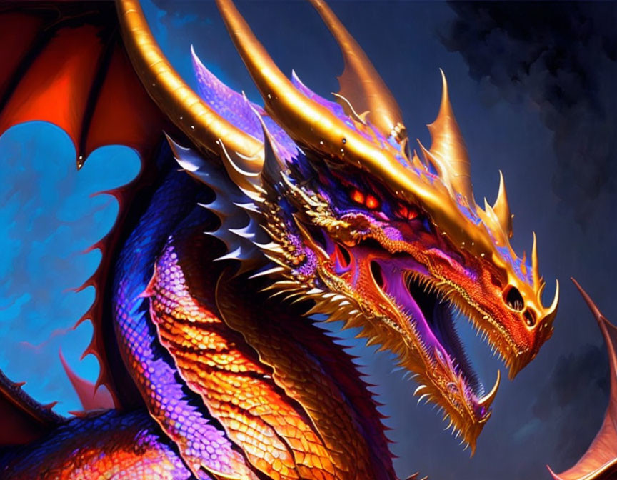 Golden-scaled Dragon with Horns and Red Eyes in Dramatic Sky