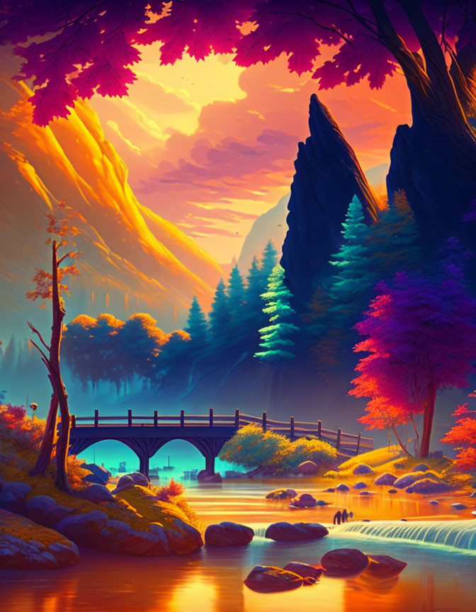 Scenic digital artwork: idyllic landscape with river, waterfall, bridge