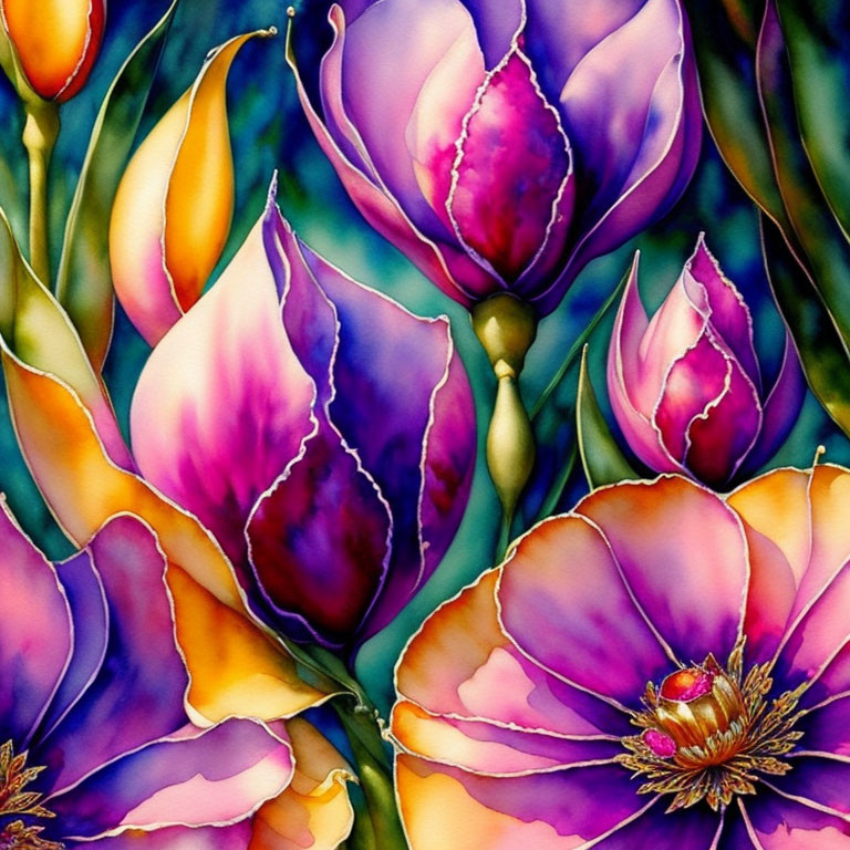 Colorful Watercolor Painting of Tulips in Purple and Pink Hues