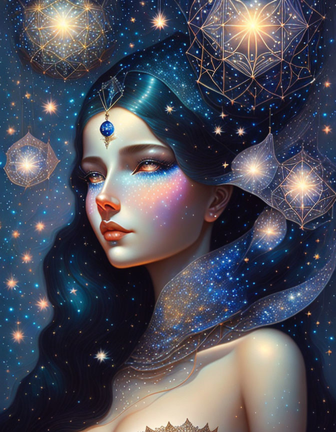 Woman with Star-Filled Skin and Cosmic Jewelry in Cosmic Setting