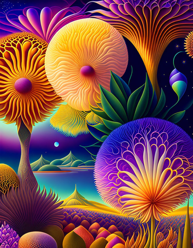 Colorful Psychedelic Nature Scene with Floral Patterns and Celestial Background