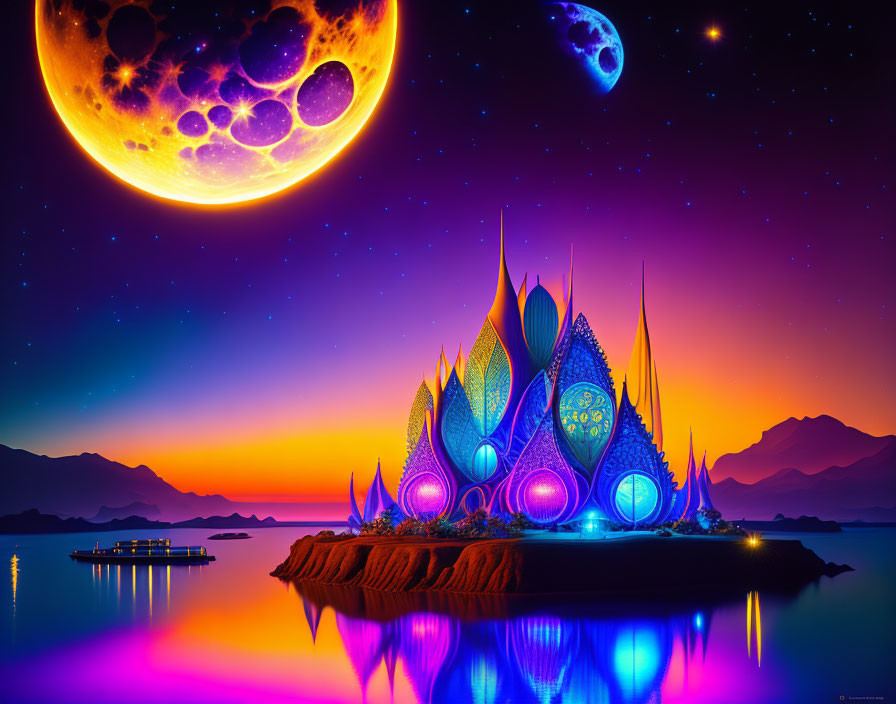 Vibrant fantasy night landscape with luminescent teardrop structures on island under starry sky